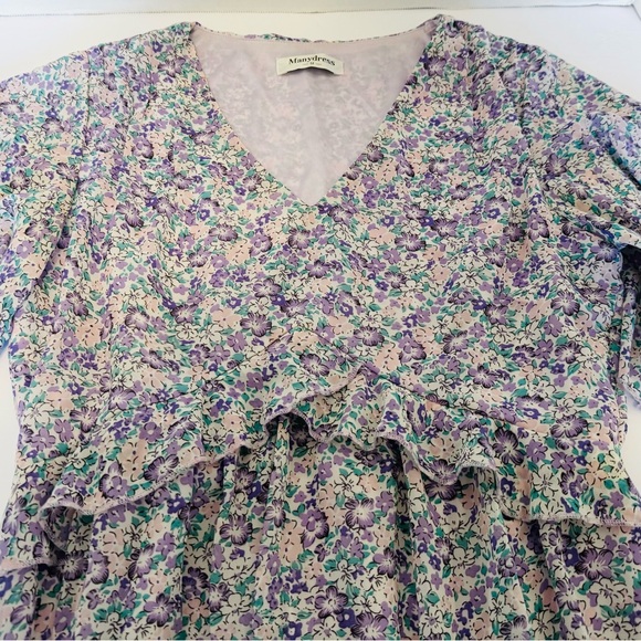 Manydress Lavender Floral Print Casual Mini Boho Ruffle Swing Dress Lined Medium - Picture 12 of 16